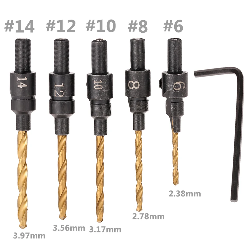 

5pcs 6#,8#,10#,12# 14# Quick Change Round Shank Woodworking Screw Reamer Hss Countersink Drill Cone Bit Set