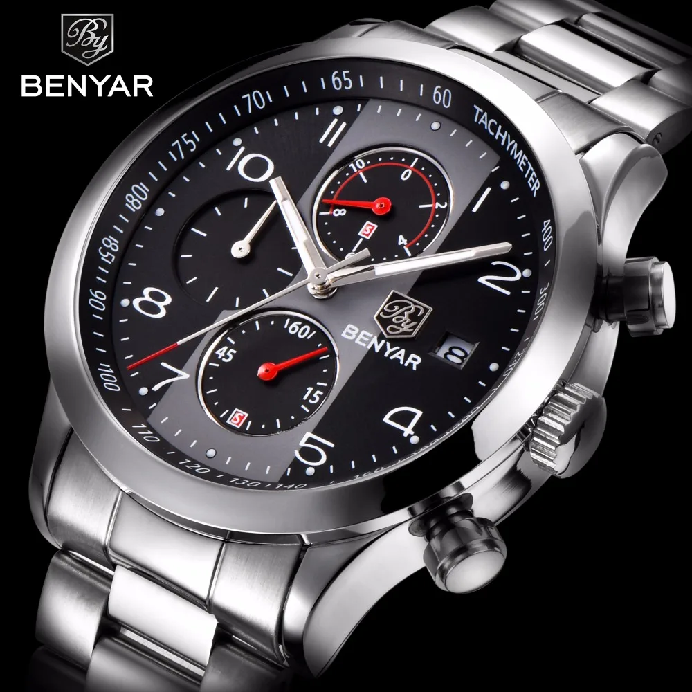 BENYAR Full Steel Mens Watches Top Brand Luxury Business Quartz Watch