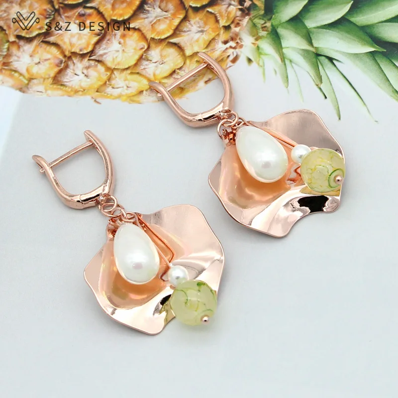 S&Z DESIGN New Cute Flower Water Drop Imitation Pearl Dangle Earrings For Women 585 Rose Gold Color Wedding Jewelry