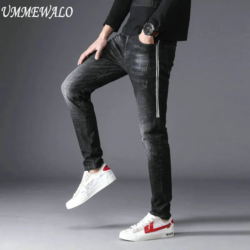 UMMEWALO Black Denim Jeans Men Stretch Skinny Jeans Man Side Stripe Design Slim Straight Casual Jean Pants Male Quality Jean