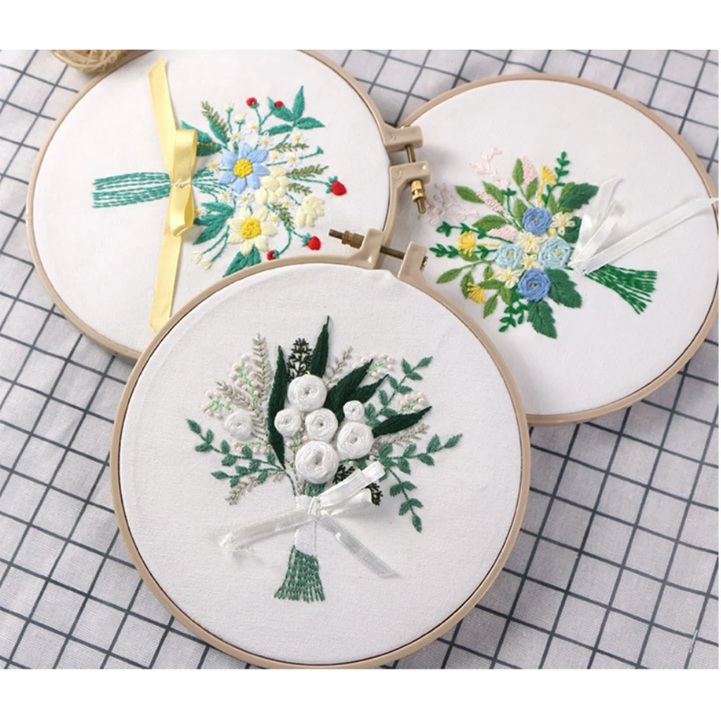 DIY Ribbon Flowers Embroidery Set with Frame Needlework Kits Cross Stitch 