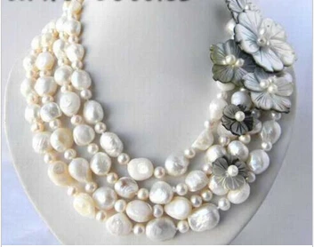 

FREE SHIPPING>@@> N3576 4Strands White Round Baroque Freshwater Pearl Shell Flower Necklace