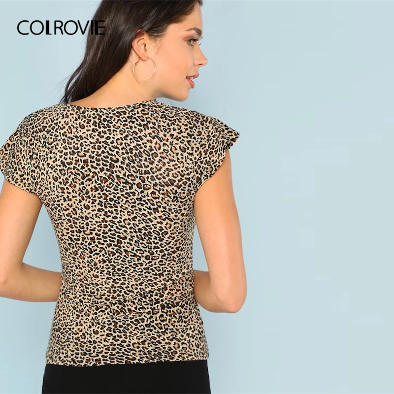 COLROVIE, повседневная женская футболка с v-образным вырезом, коротким рукавом, леопардовым принтом,, летняя сексуальная Базовая Офисная Женская одежда, футболки