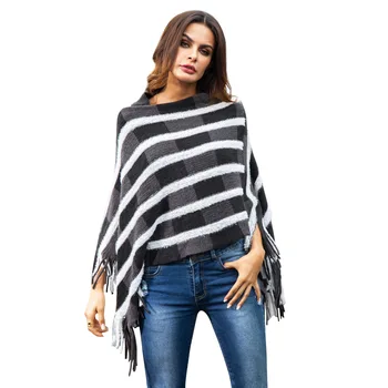 

Batwing Sleeve Hippie Fringe Tassel Woven Poncho Womens Autumn Winter Fashion Plaid Knitted Sweater Cloak Shawl SJ469M