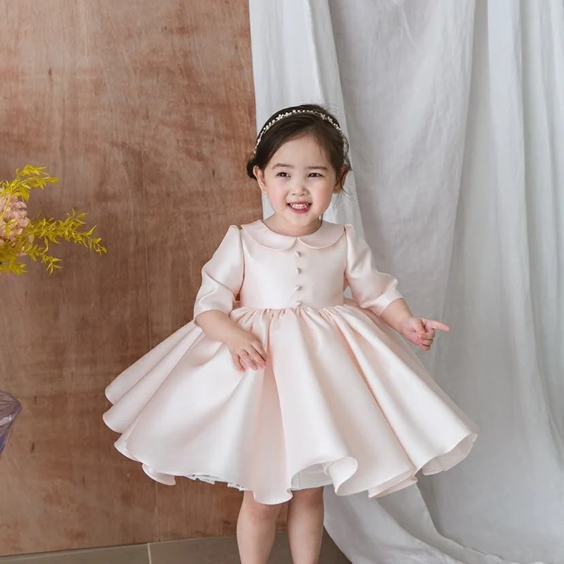 Свадебные платья принцессы для маленьких девочек Розовое Кружевное крестильное платье с длинным рукавом, украшенное бусинами, платье для новорожденных на день рождения для крещения