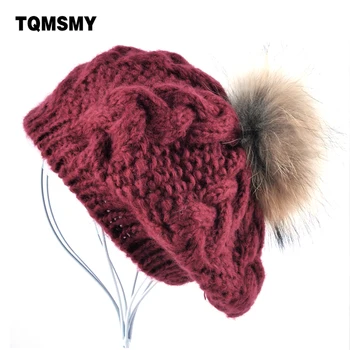 

New Winter Women Hat Berets Knit Wool Pompom Beret Ladies Flat Cap Bone Gorras Planas Boina Real Raccoon Fur Ball Hats For Women