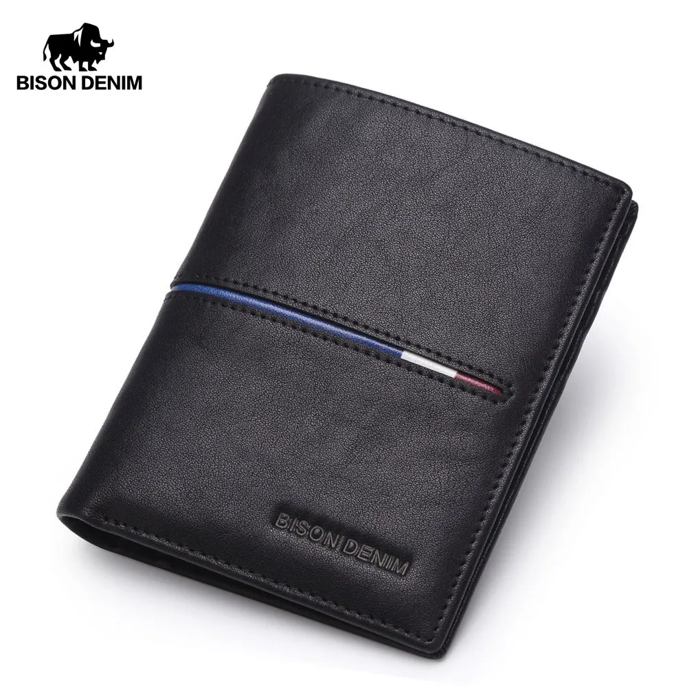 BISON DENIM Brand Genuine First Layer Leather Short Wallet Business Classic Purse Men's Wallet Cards Holder Casual Purse N4437-2