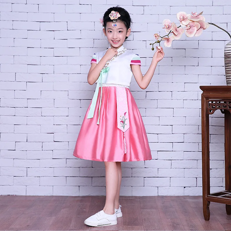 

Short Sleeve Girl Pink Korean Hanbok Dress Kid Asian Korea Traditional Costume Ancient Clothing for Child Stage Dance Clothes