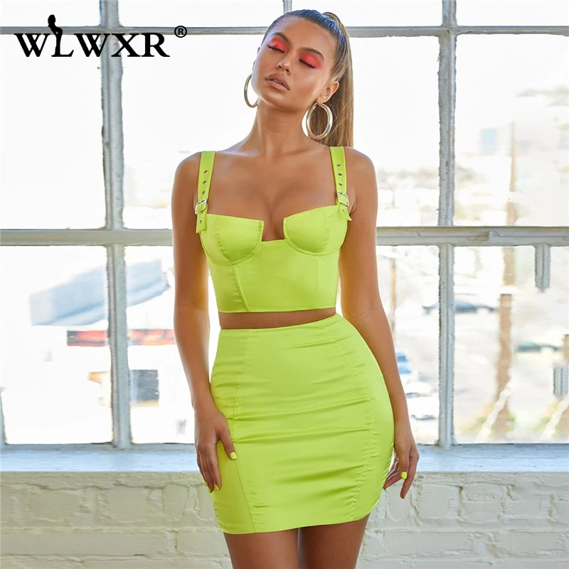 

WLWXR Two Piece Pink Summer Satin Dress Women Sundress Backless Pencil Mini Sexy Bodycon Dress Strap Wrap Club Party Short Dress