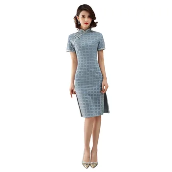 

Shanghai Story Blend Linen Chinese Oriental Dress Short Sleeve Plaid Qipao dress Knee Length Lattice Cheongsam 4 Style