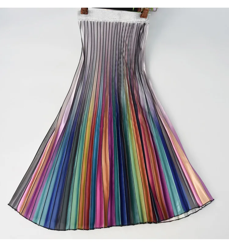 Gradient Skirt Pleated Long Skirt Woman Elegant High Waist A-Line Pleated School Midi Skirt Metallic Rainbow Female Autumn 0121