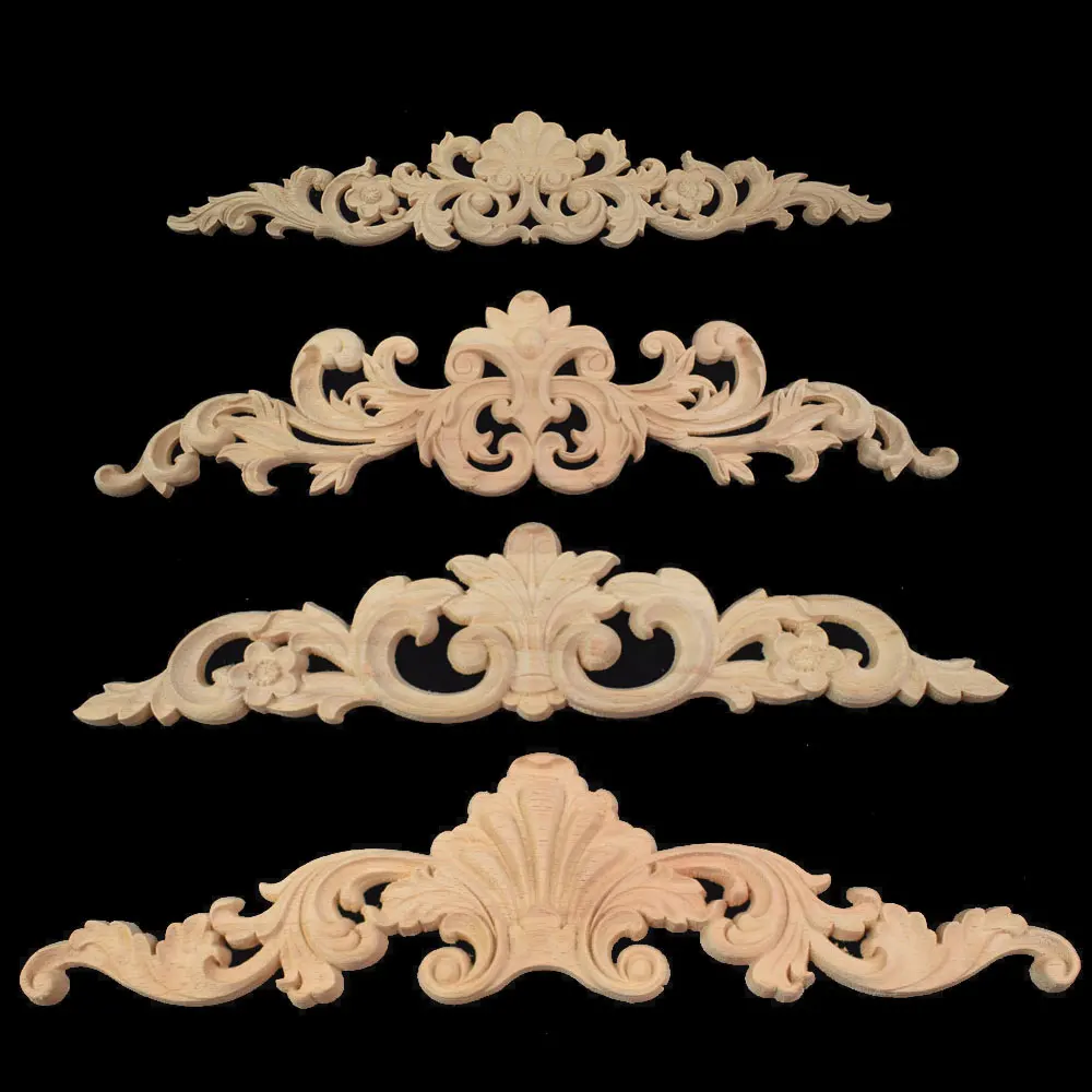 cheap 1PC Rectangle Retro Vintage Unpainted Wood Carved Decal for Furniture Cabinet Wooden Mouldings Decal Vintage Home Decorative