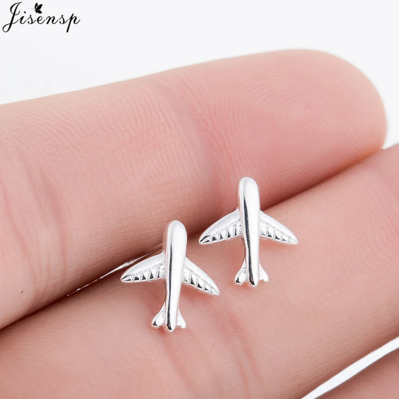 Fashion Cute Silver Color 3D Aircraft Airplane Plane Stud Earrings for Women Girl Handmade Jewelry Ear Studs Wholesale