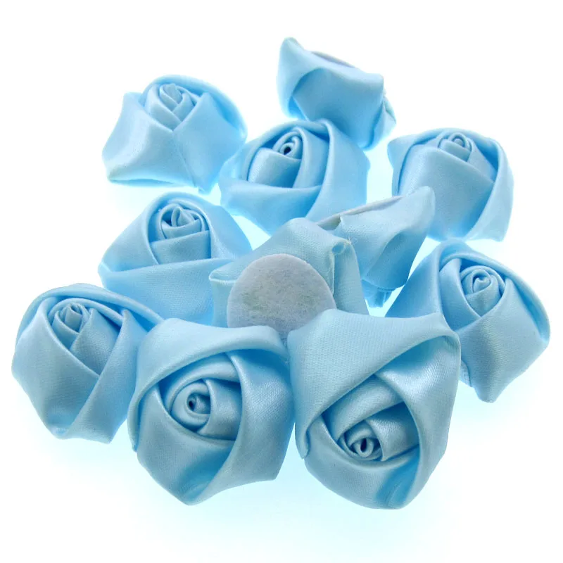 12Pcs Blue Satin Rose Flowers Stain Rolled Rosettes For Appliques Craft