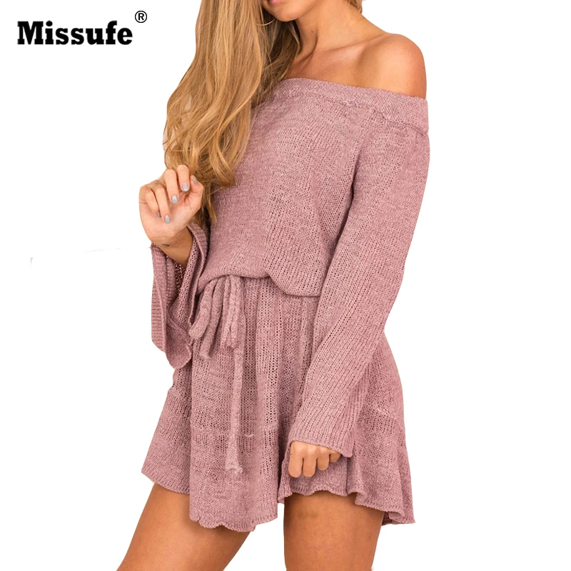 

Missufe Knitted Casual Shift Autumn Dress Women Flare Sleeve Off Shoulder Tunic Elastic Waist Mini Sweater Dresses 2017 Vestidos