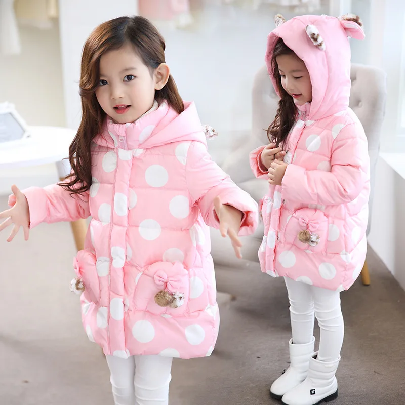

Children Winter Jacket Baby Girls Clothes Cotton-padded Outerwear Kids Warm Thick Lovely Hooded Long Down Cotton Coats