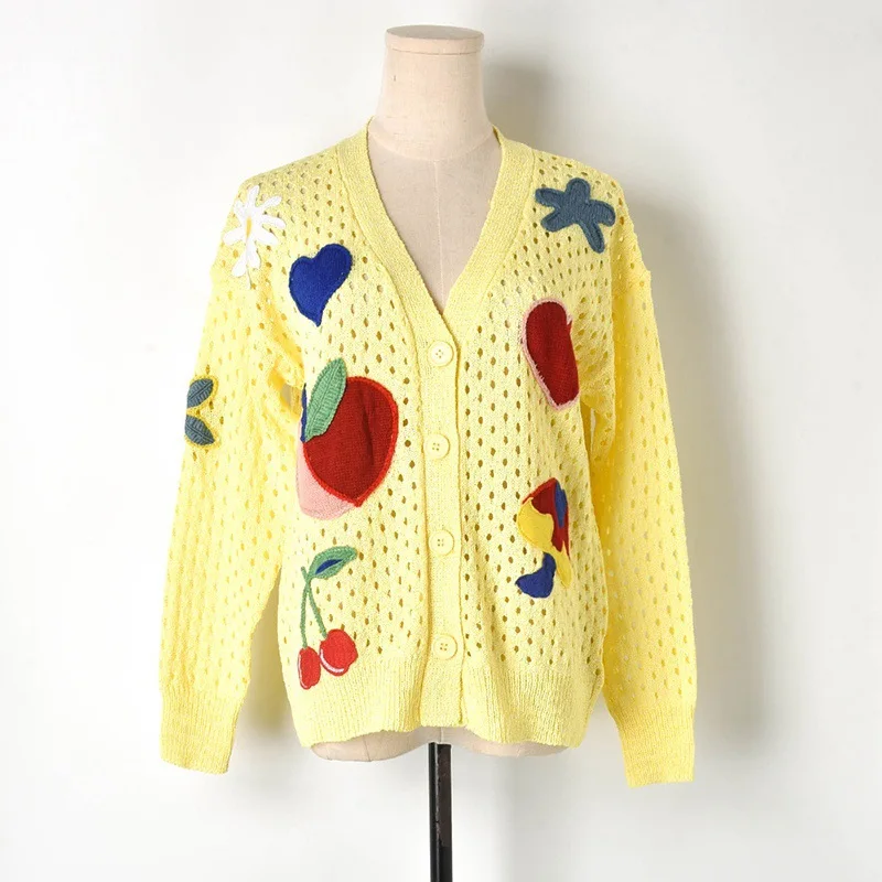 

New 2019 Spring Runway Sweater V-neck Coats Cardigan Women Knitted Casual Hollow Out Yellow Heart Cardigans Outwear pull femme
