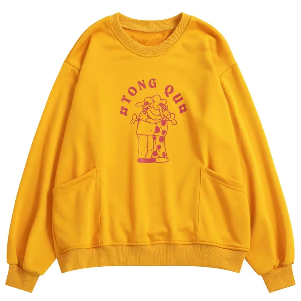 New Design Spring Women Cotton Pullover Sweatshirts Long Sleeve Tong Qu Printed Ladies Loose Hoodies Jumper Tops Yellow Chic