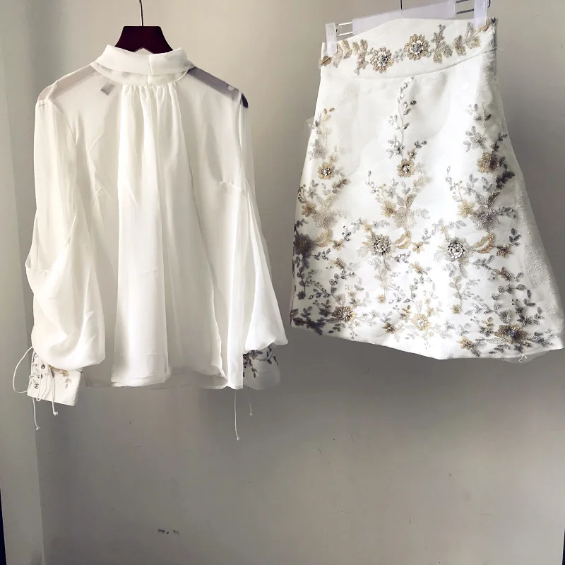 

Oshangchaopin Women Bow Embroidery Flowers Handmade Sequins Beading Lace Shirts+Mini Skirts Set White Skirts+Shirts Clothing Set