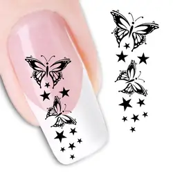 Переноса воды Дизайн ногтей Наклейки наклейка Красота черный танец бабочка звезды Дизайн DIY Французский маникюр