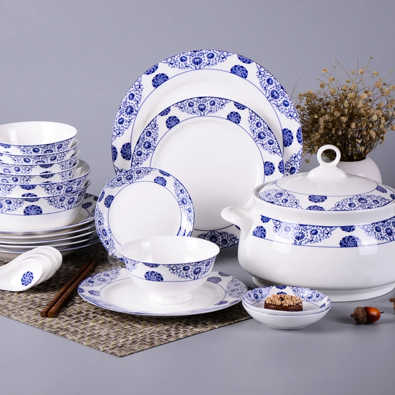 Chinese style blue and white porcelain tableware set 60 ...