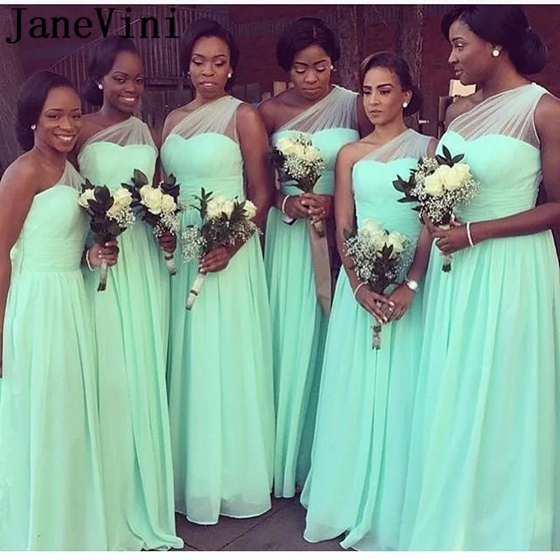 JaneVini мятно зеленый подружек невесты платья для женщин для Vestidos De Gasa одно плечо Элегантный длинное свадебное платье Свадебная вечеринка 2019