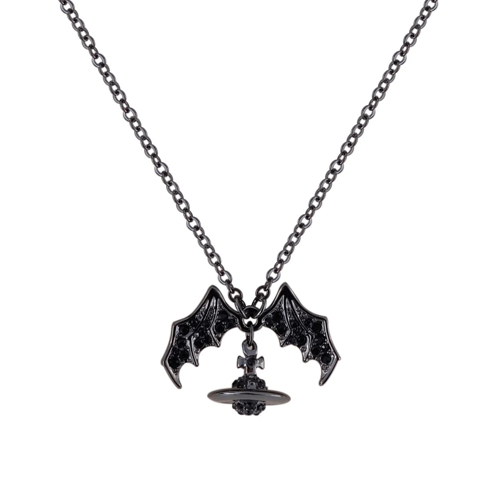 

XIAOJINGLING Black Punk Cool Men Women CZ Crystal Vampire Bat Pendant Necklace Saturn Orbit Planet Choker Chain 48cm 19