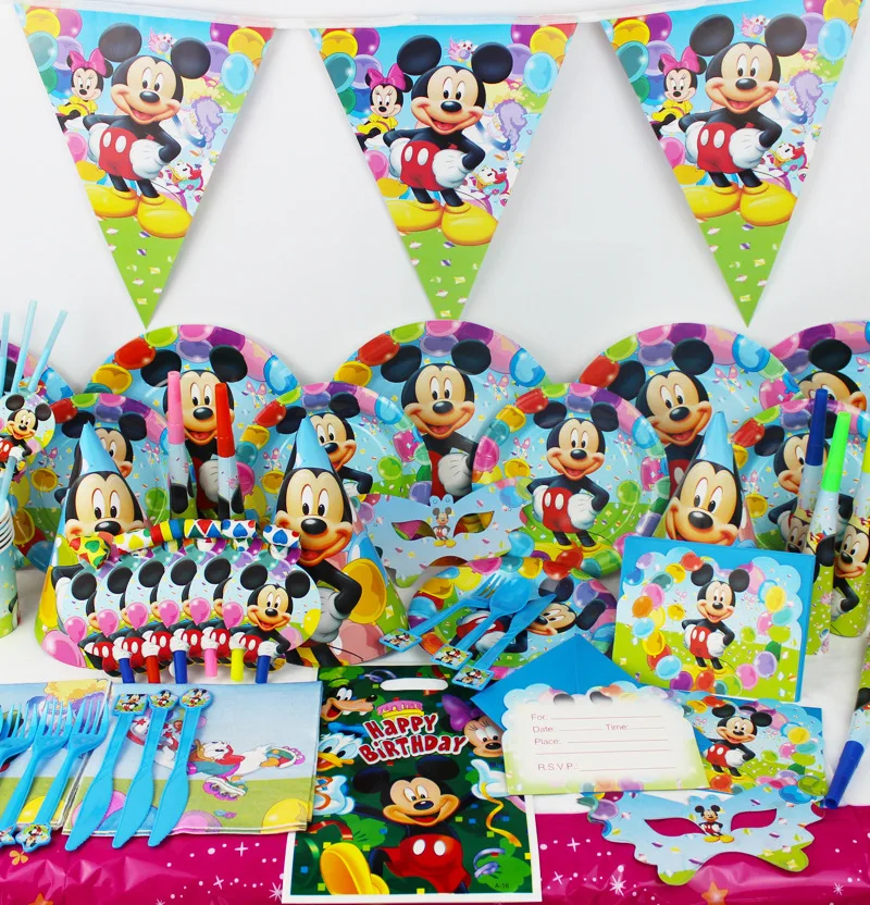 

Mickey Theme Tableware Set Birthday Party Decoration Kids Balloons Napkin Cups Tablecloth Flag Straw Party Supplies