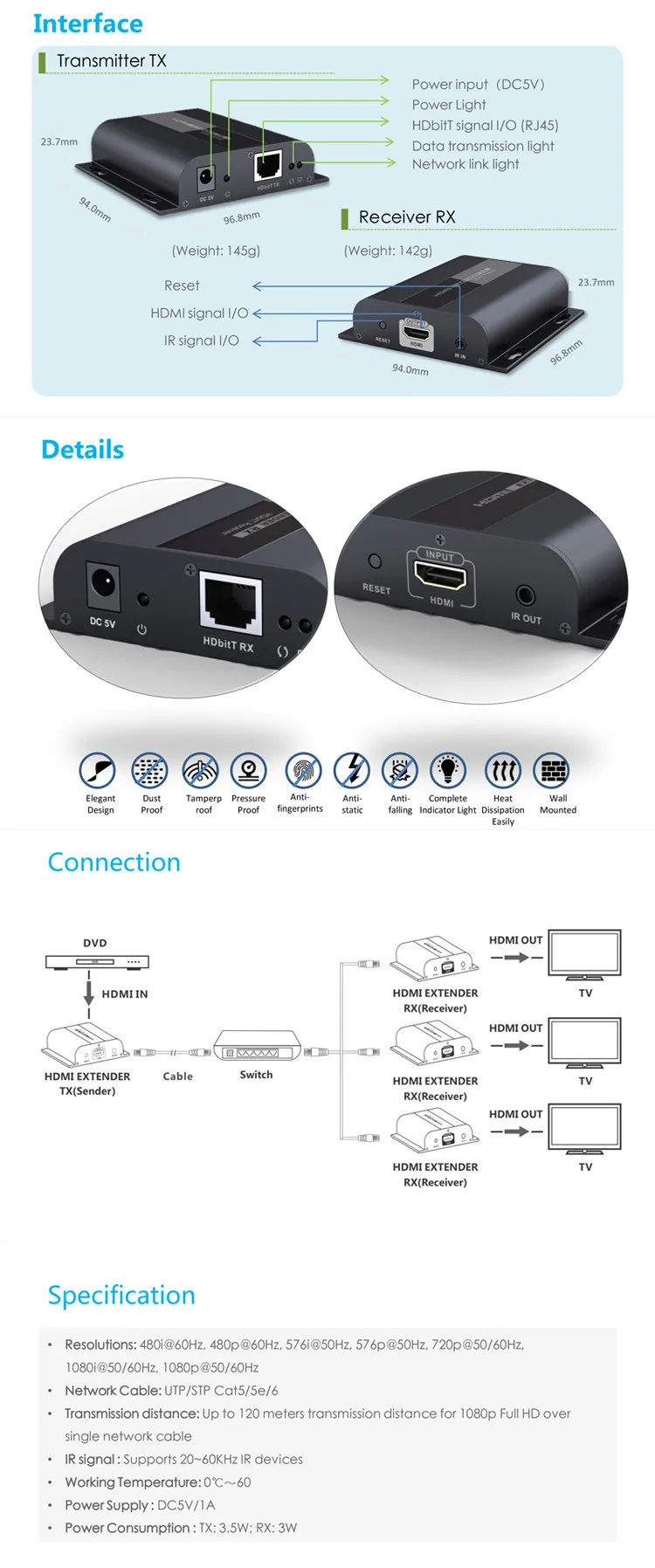 Новое поступление HDbitT HDMI удлинитель передатчик и приемник беспроводной HDbitT удлинитель по сетевому кабелю до 120 м Apair в комплекте