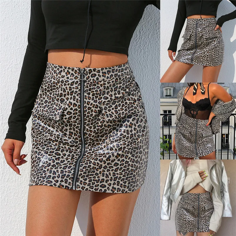 2019 Skirt Women Fashion Women Sexy Leopard Print Zipper Leather Short Mini Tight buttocks Skirt faldas mujer moda R10 (1)
