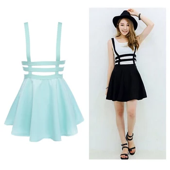 

Retro Hollow Mini Skater Cute Women Suspender Clothes Straps High Waist Skirt