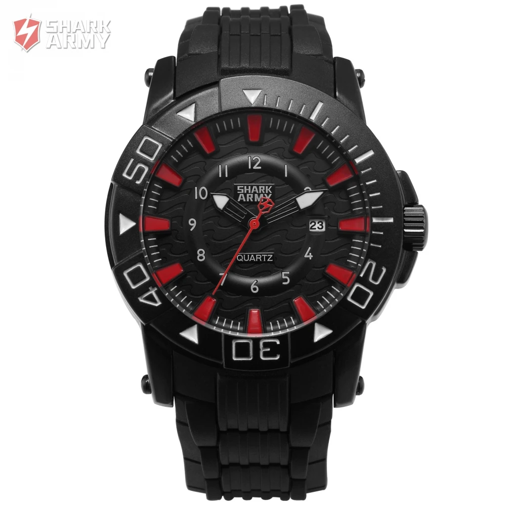 

Shark Army Hodinky Men Clock Quartz Black Red Analog Rubber Band Strap Date Display Water Resistant Military Watches / SAW211