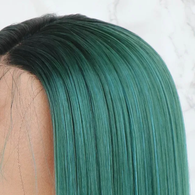 Black Green Ombre Color Long Straight Lace Wig Smooth Wigs With