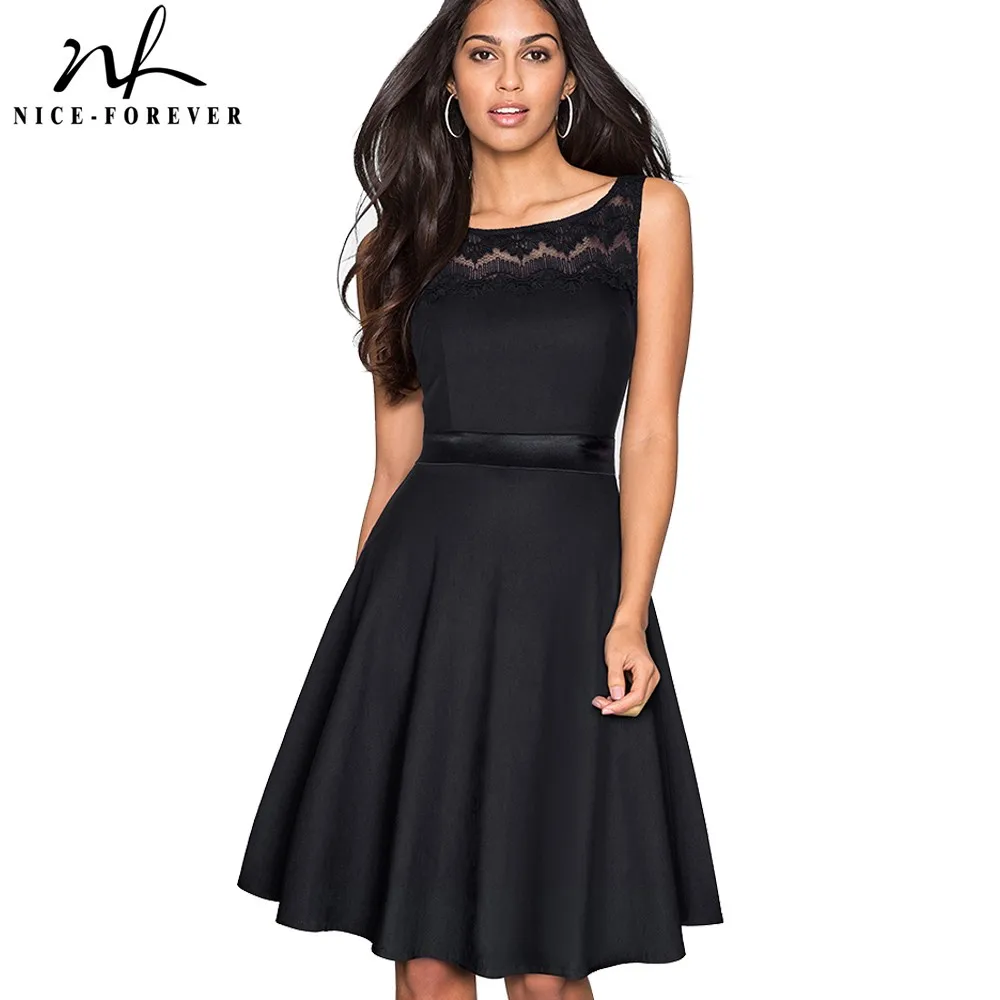Nice-forever Vintage Embroidery Floral Mesh Lace Patchwork vestidos A-Line Pinup Business Women Party Flare Dress A081 | Женская одежда