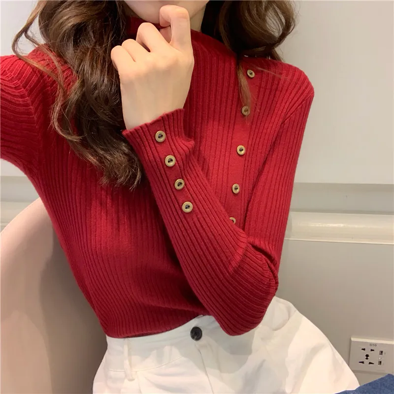 

NORMOV Autumn Winter Women Knitted Pullovers Button Turtleneck Sweater Female Long Sleeve Bottoming Sweaters Solid Tops