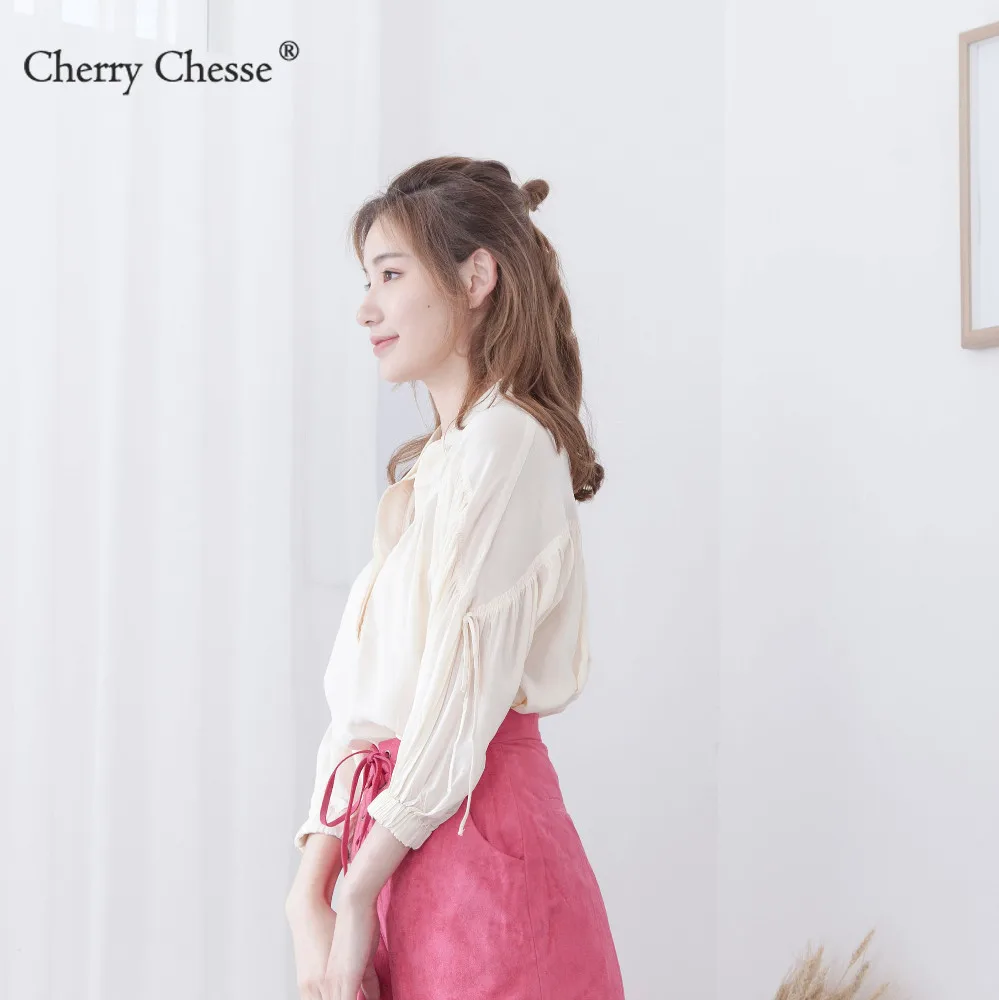 Cherry Chesse 2018 сладкий поясом блузка рубашка Для женщин Фонари рукавами в стиле
