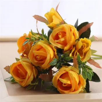 

European Fake Rose Bunch (5 heads/piece) Simulation Roses with Green Leaf for Wedding Home Showcase Decorative Artificial Flower