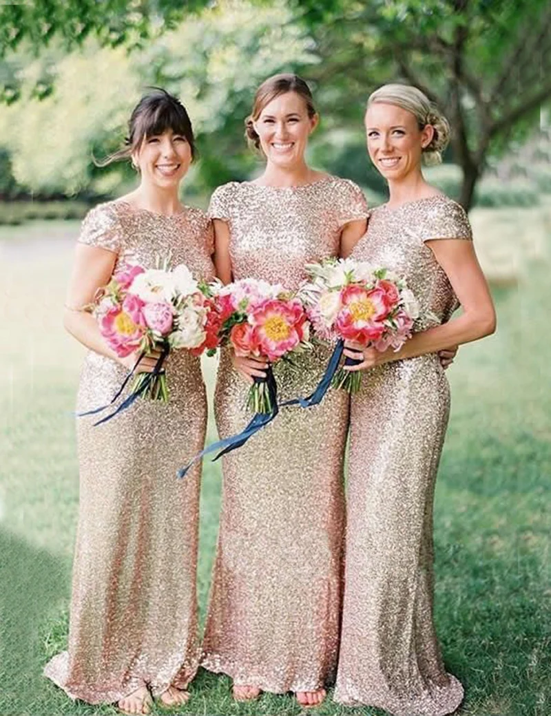 Спинки 2019 дешевые подружки невесты платья для женщин под 50 Русалка с короткими рукавами Sequqins розовое золото длинные Свадебная вечеринка