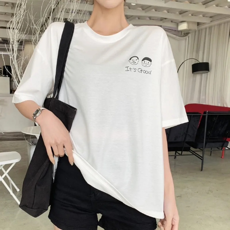 

Korean Solid Color Letter Cartoon Print T Shirt Woman Summer Casual Short Sleeve O Neck Ladies Top Soft Plus Size Girls Tshirt