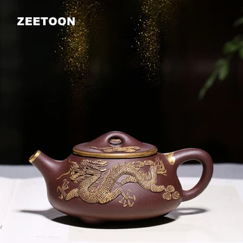 

270cc Authentic Yixing Teapot Master Handmade Embossed Dragon Stone Scoop Pot Purple Clay Vintage Chinese Tea Set Tea Maker Pot