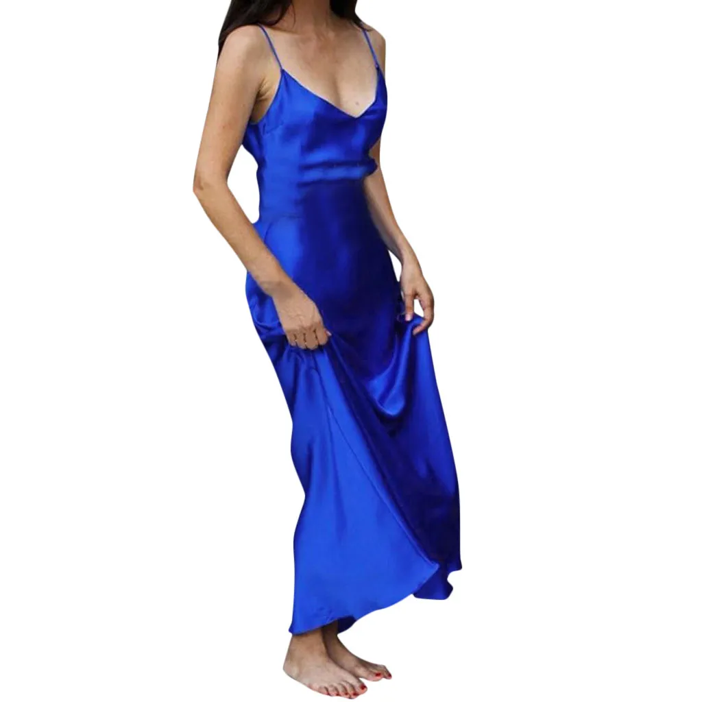 

Spaghetti Strap Satin Long Dress Womens Summer Casual V Neck Long Party Dresses Sleeveless Swing Dress Drop shipping
