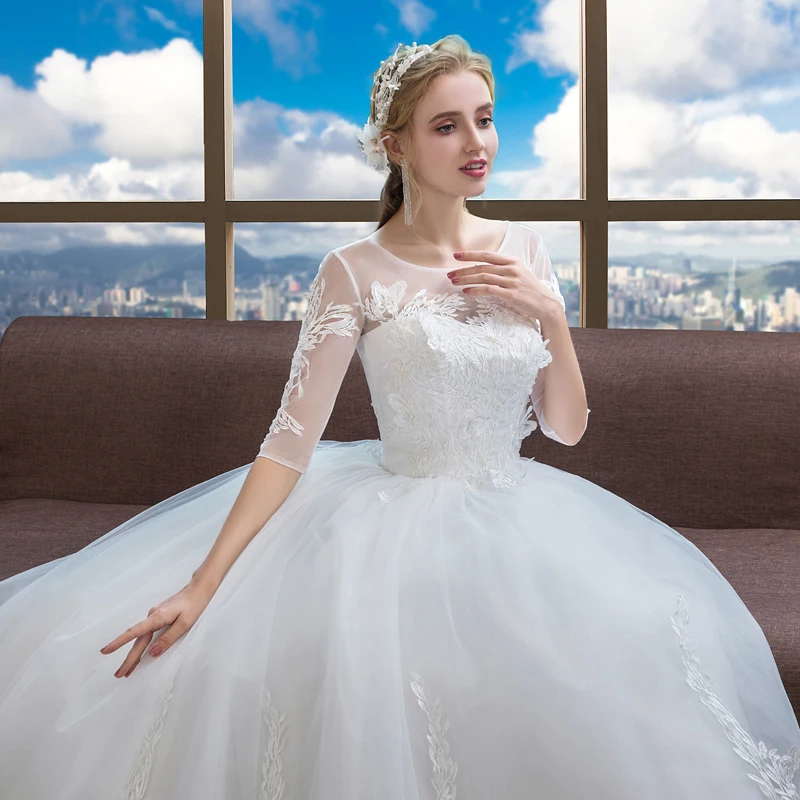 Новая Вышивка Vestido De Noiva слоновая кость Аппликации кружево свадебное платье Половина рукава круглый вырез свадебное платье невесты