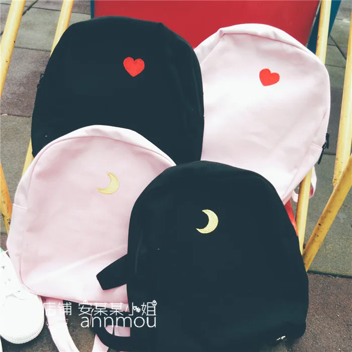 

New Fresh Style Women Canvas Backpack Harajuku Heart/Moon Backpacks for Teenage Girls Black Pink Travel Bag Pack Rucksack