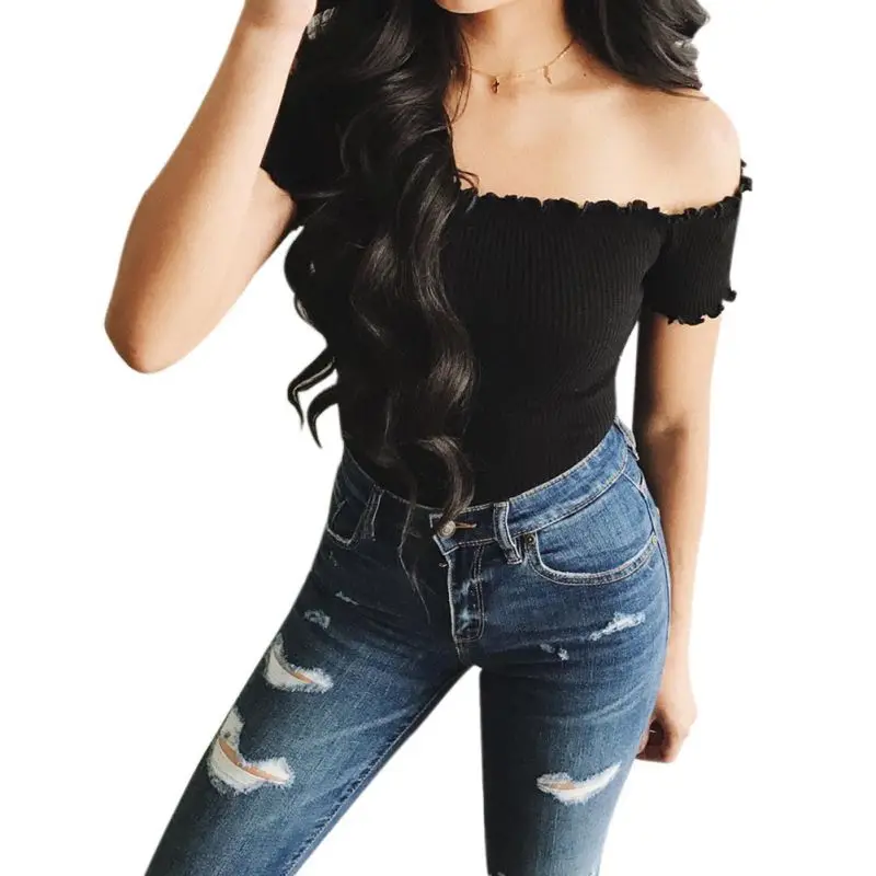 

Women T Shirt Short Sleeve Sexy Off Shoulder Tshirt Solid T-shirt women Summer Tops Short Tee Shirts camiseta feminina