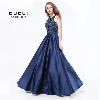 

Oucui Real Photos Beaded Ball Gown Satin Formal Evening Long Dress Navy Handmade Crystal Prom Party robe de soiree OL102958