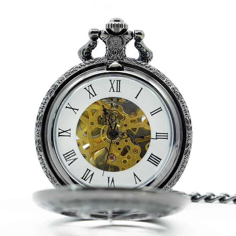 Роскошные классические карманные часы римский Номер механические карманные часы Резные Кулон Скелет циферблат с брелок цепочка для мужчин и женщин подарок