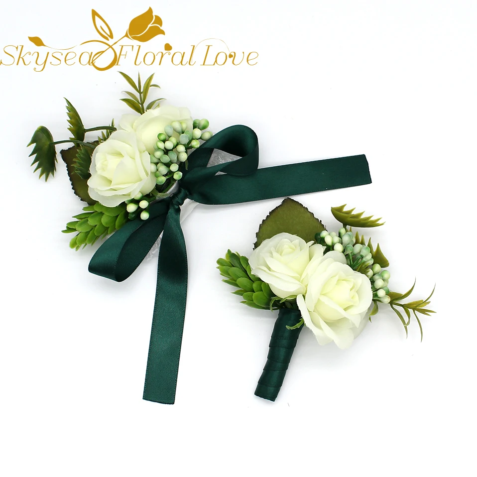 Свадебные корсажи и Бутоньерки для невесты, жениха, украшения на запястье, темно-зеленый цветок, брошь, букет цветов