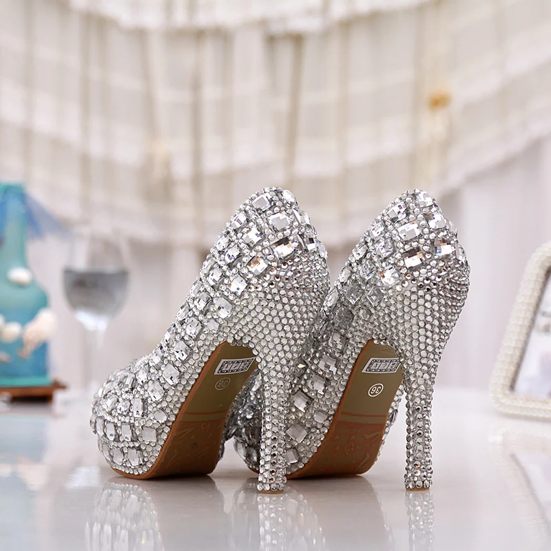 12cm Élégant Cristal Argent Bal Strass Talons De Partie Chaussures Peep Femmes Couleur Heels Silver Toe 5 Mariage Pouces Handmake Haute Mariée 1Hwrq1B