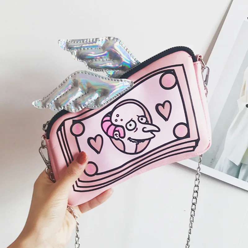 

2017 Spring Summer New Women Female Casual Simple Korean Cartoon Envelope Bag Wings Chains Shoulder Bags Messenger Bag Handbags