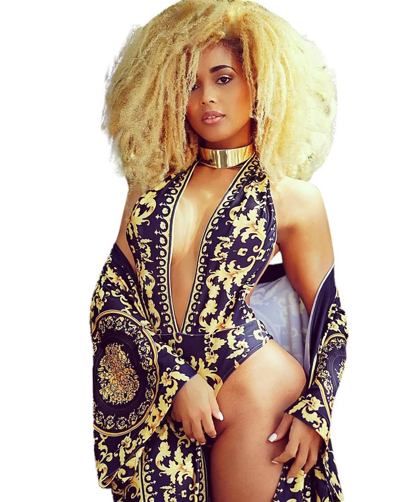 

2018 Floral Deep V Neck Sexy Halter Swimsuit Sleeveless Hollow Out Bodysuit Overall Beach Wear 2 Piece 1 Set Women Beach Suit